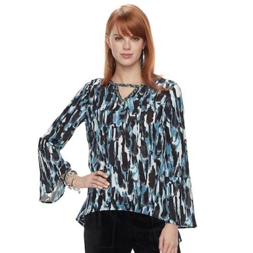 Juicy Couture Womens Blue Keyhole Print Long Bell Sleeve Blouse Size L
